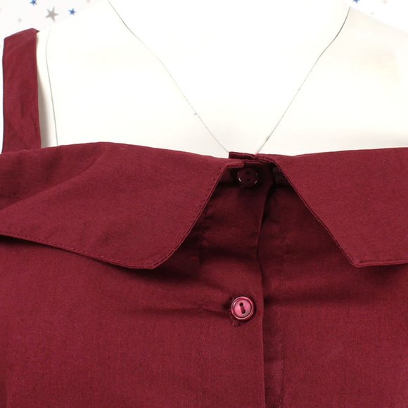 Burgundy Strap Off the Shoulder Button Up Shirt Top - Picture 3 of 8